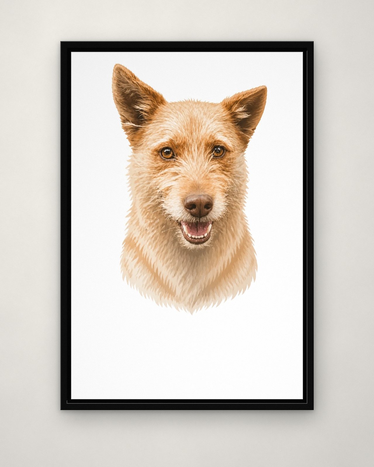 Simply You portrait on canvas in a black floating frame on a plain wall