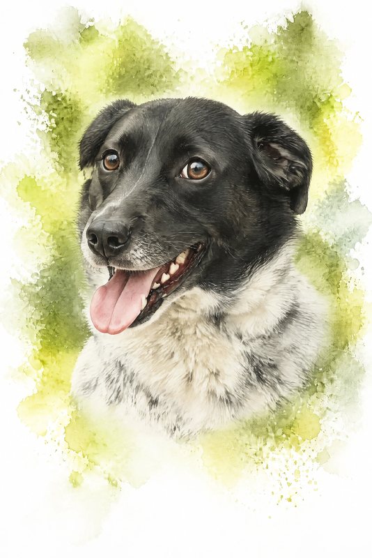 The Spring Green look made with a black-and-white speckled dog