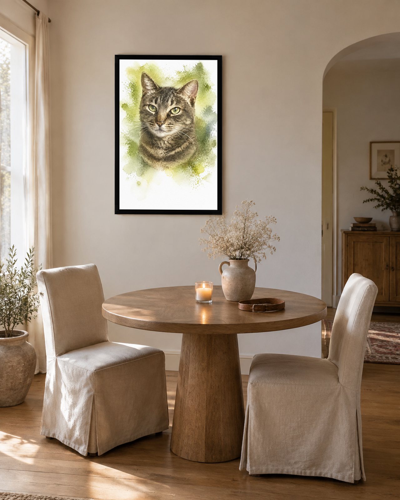 Spring Green portrait on canvas in a black floating frame in a calm dining nook