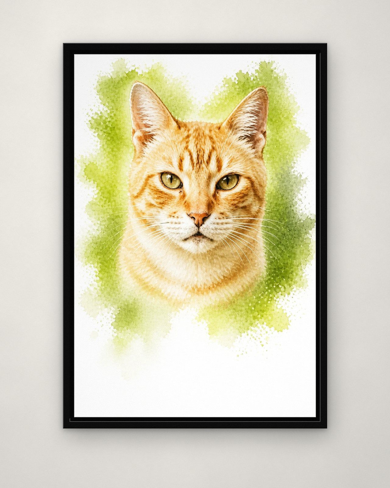 Spring Green portrait on canvas in a black floating frame on a plain wall