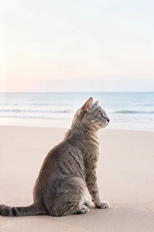 The Looking Out to Sea look made with a grey tabby cat