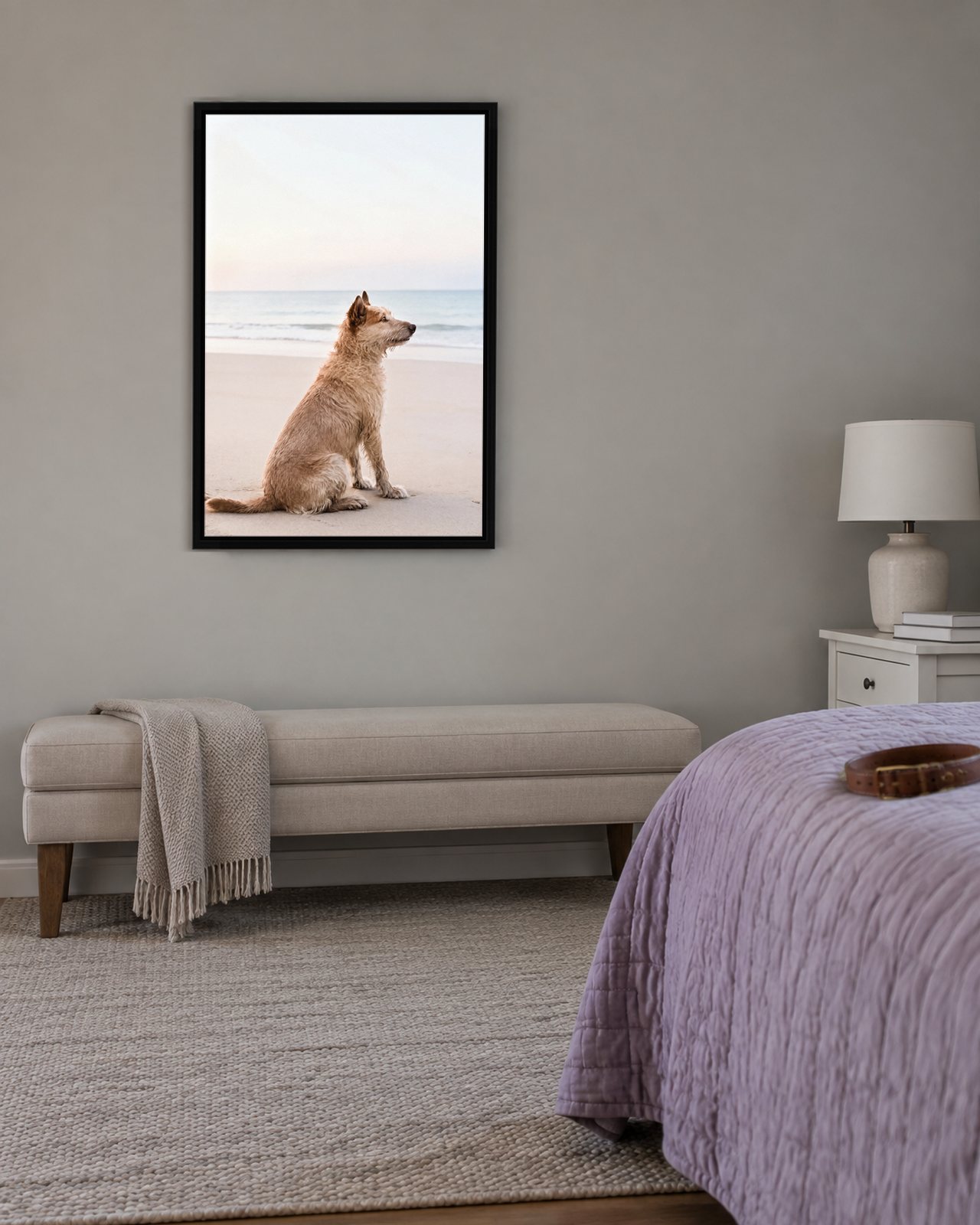 Looking Out to Sea portrait on canvas in a black floating frame in a heather-grey guest bedroom