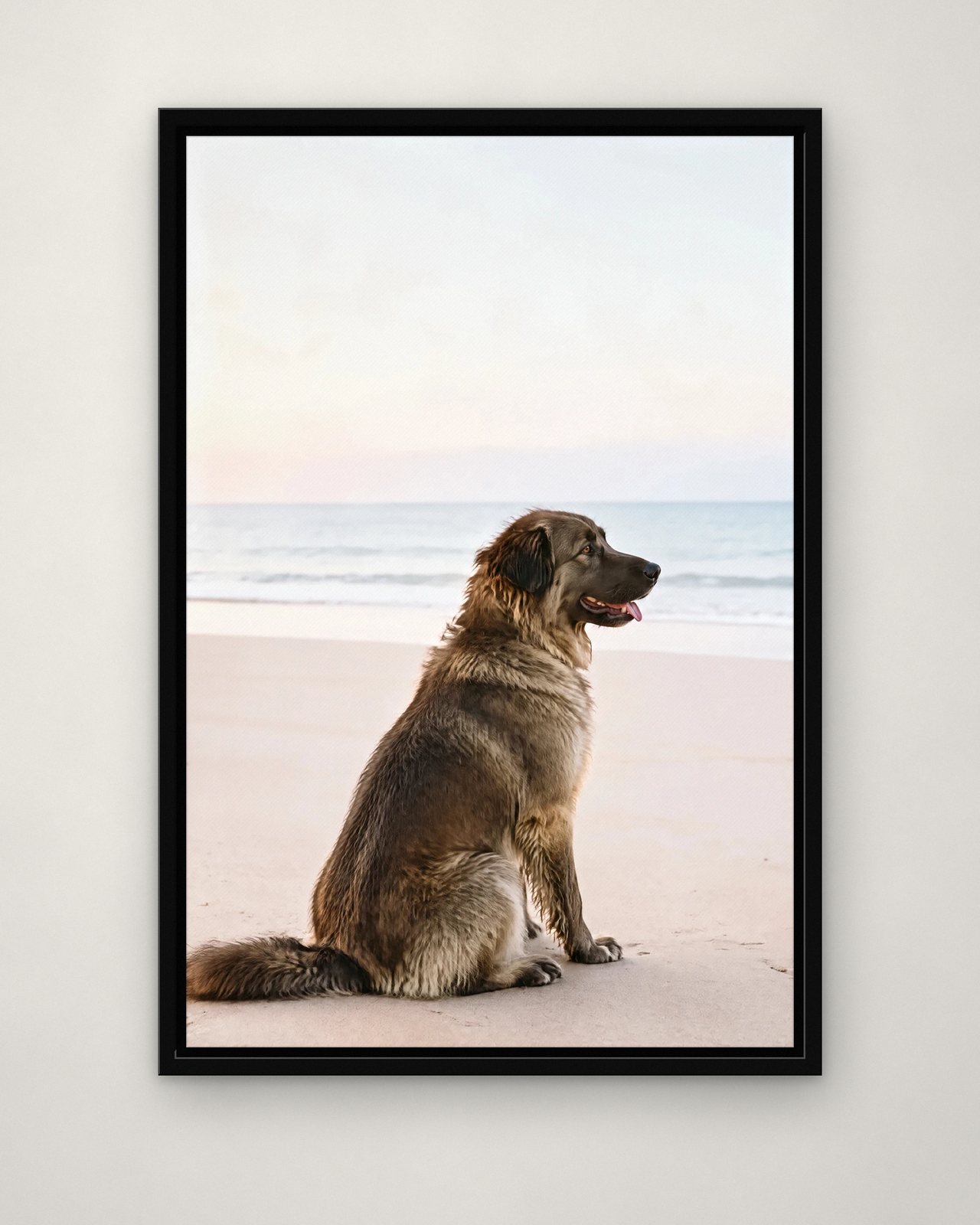 Looking Out to Sea portrait on canvas in a black floating frame on a plain wall
