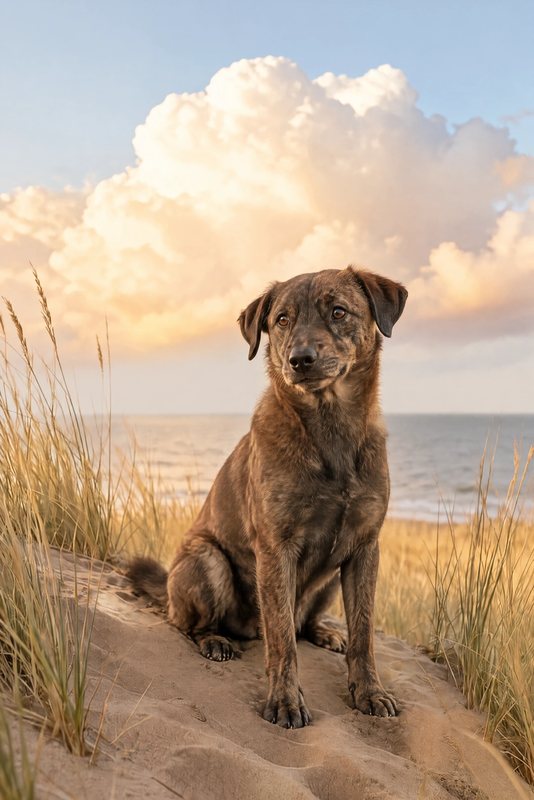 The Dune Day look made with a brindle mixed-breed dog
