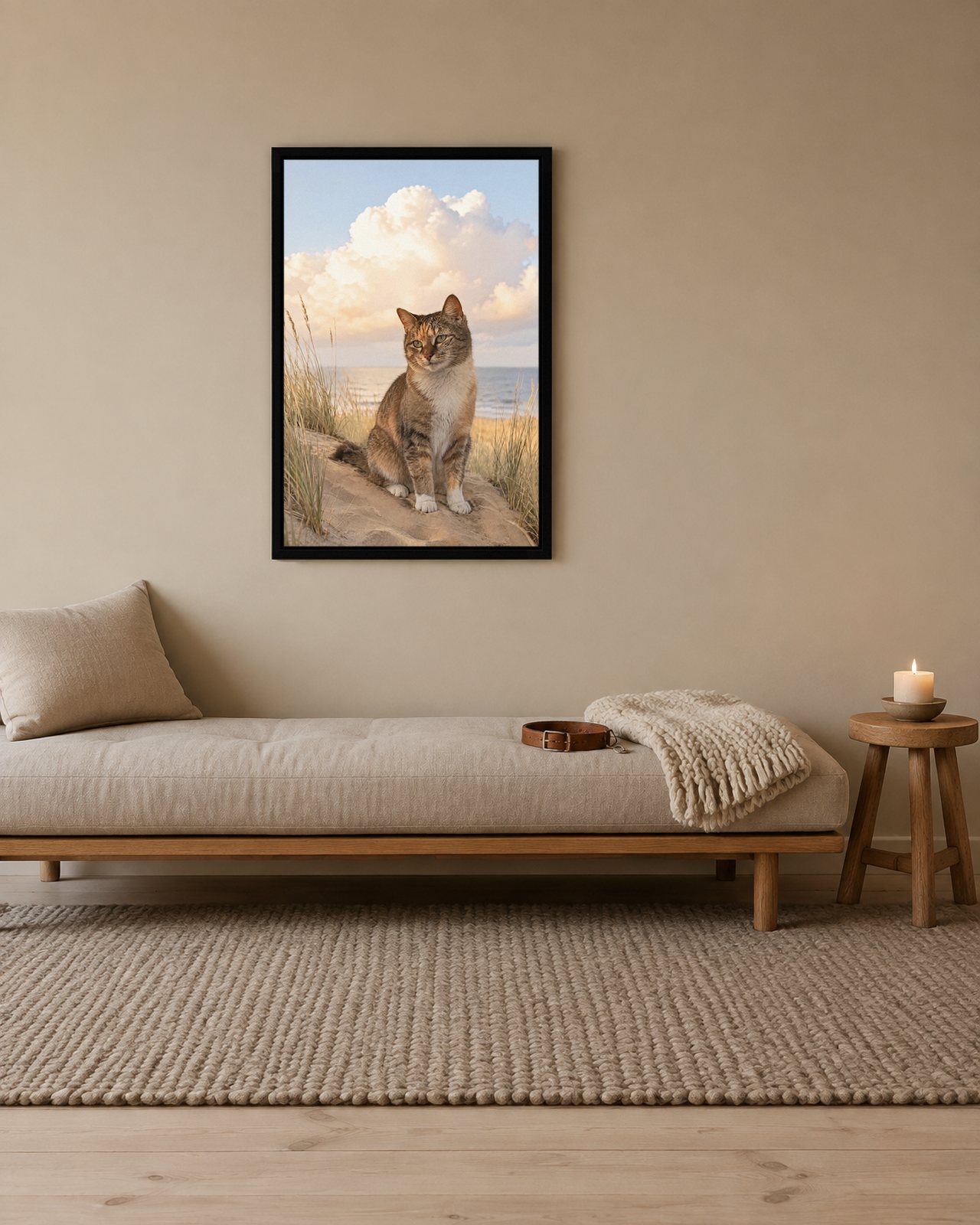 Dune Day portrait on canvas in a black floating frame in an oatmeal living room with a linen daybed