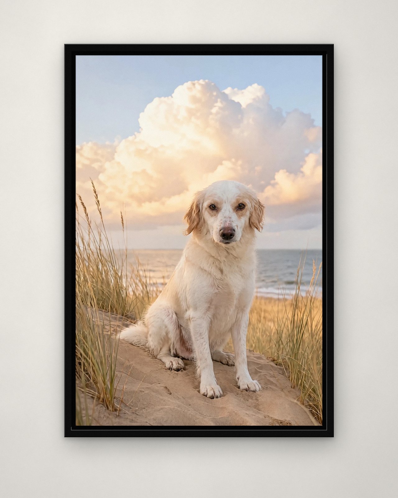 Dune Day portrait on canvas in a black floating frame on a plain wall