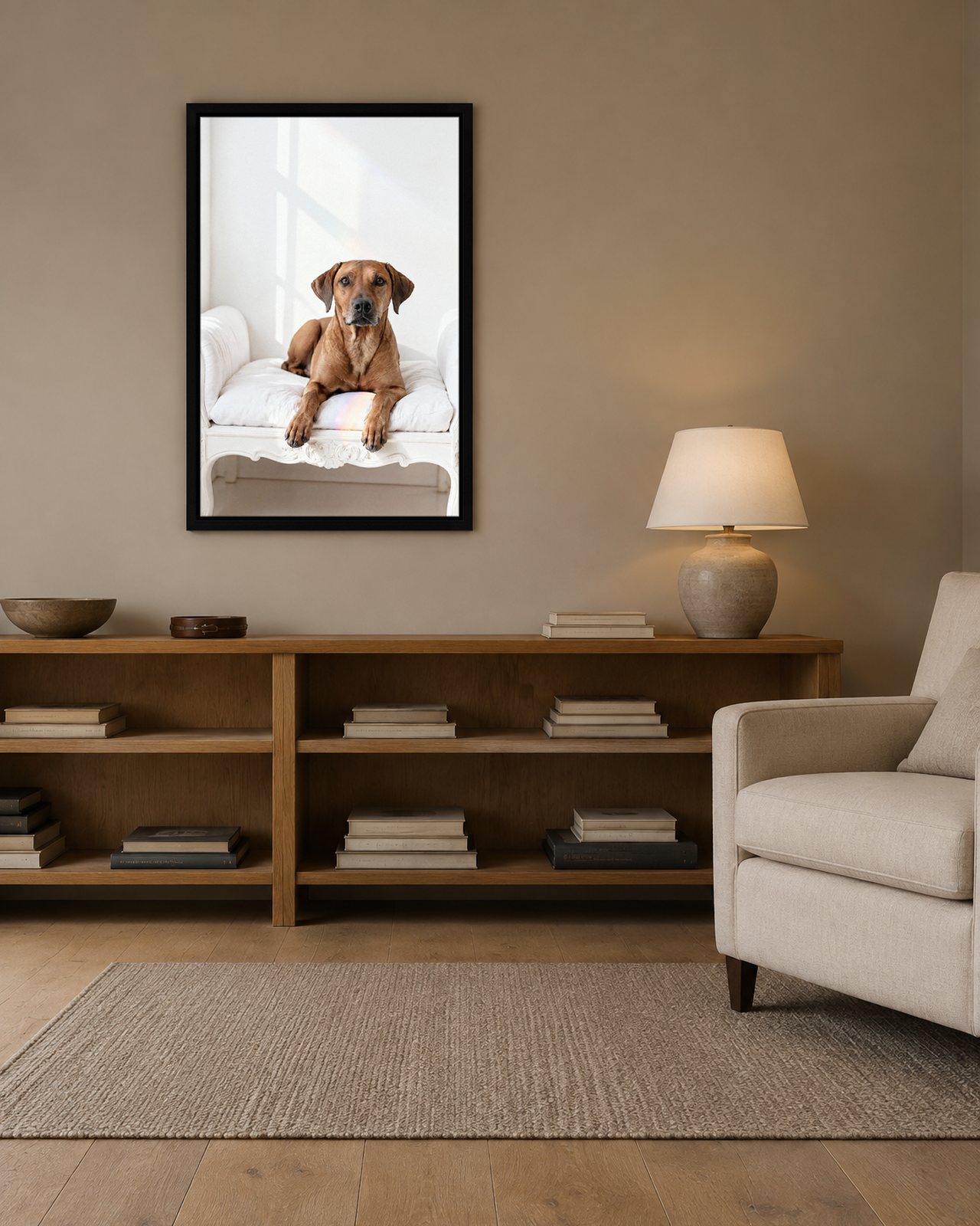 Prism Light portrait on canvas in a black floating frame in a warm-taupe library nook
