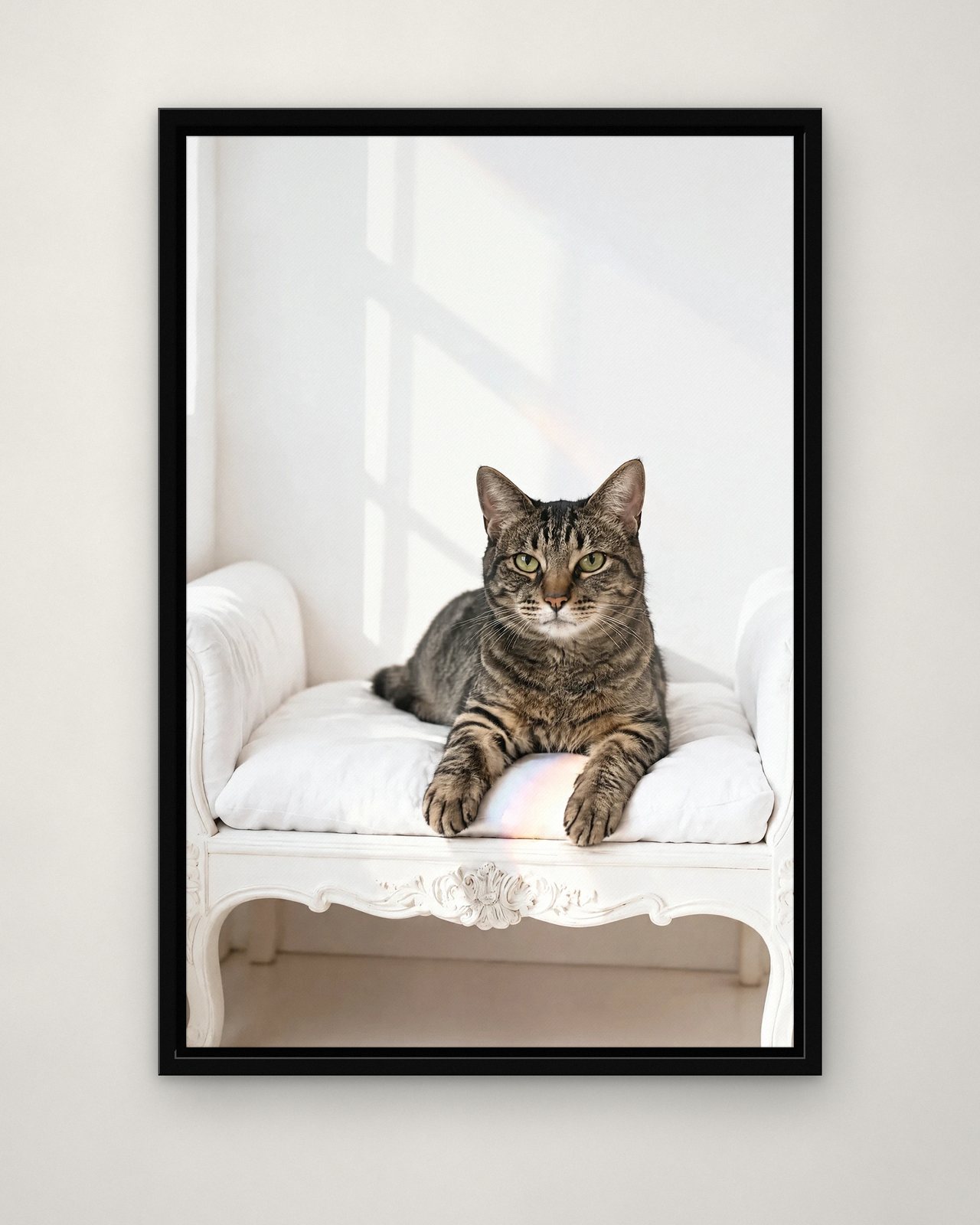 Prism Light portrait on canvas in a black floating frame on a plain wall
