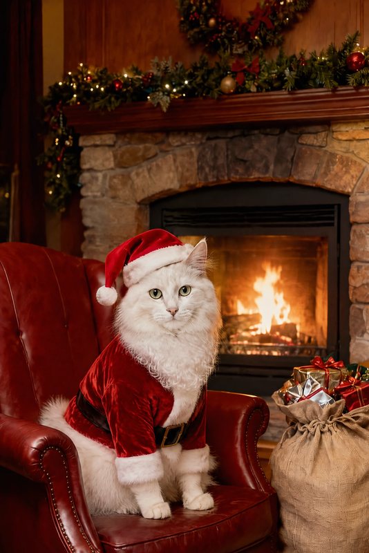 The Santa's Stand-In look made with a fluffy white cat