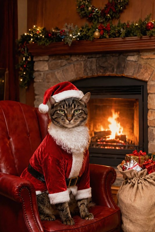 The Santa's Stand-In look made with a brown tabby cat