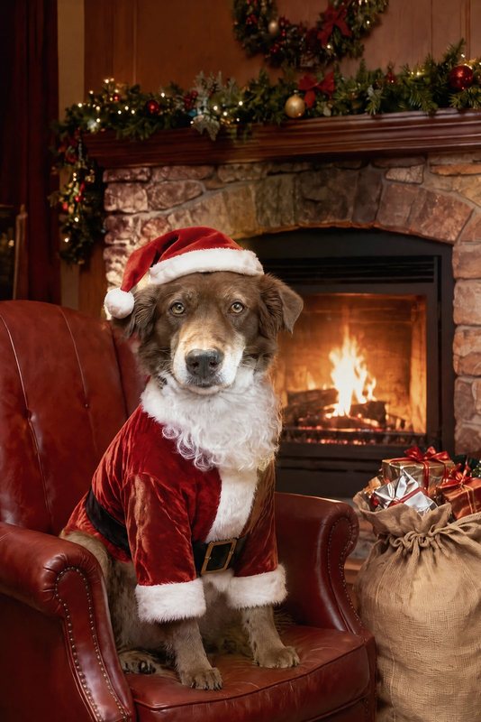 The Santa's Stand-In look made with a chocolate shepherd-collie mix