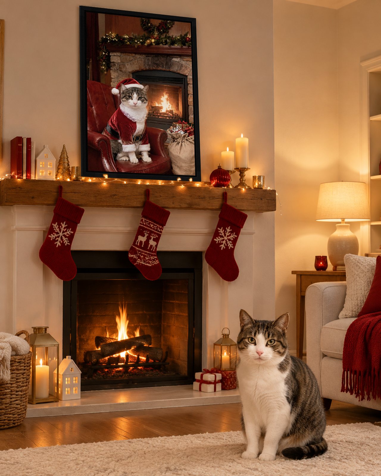 Santa's Stand-In portrait on canvas in a black floating frame in a living room at Christmas, with the cat beside it
