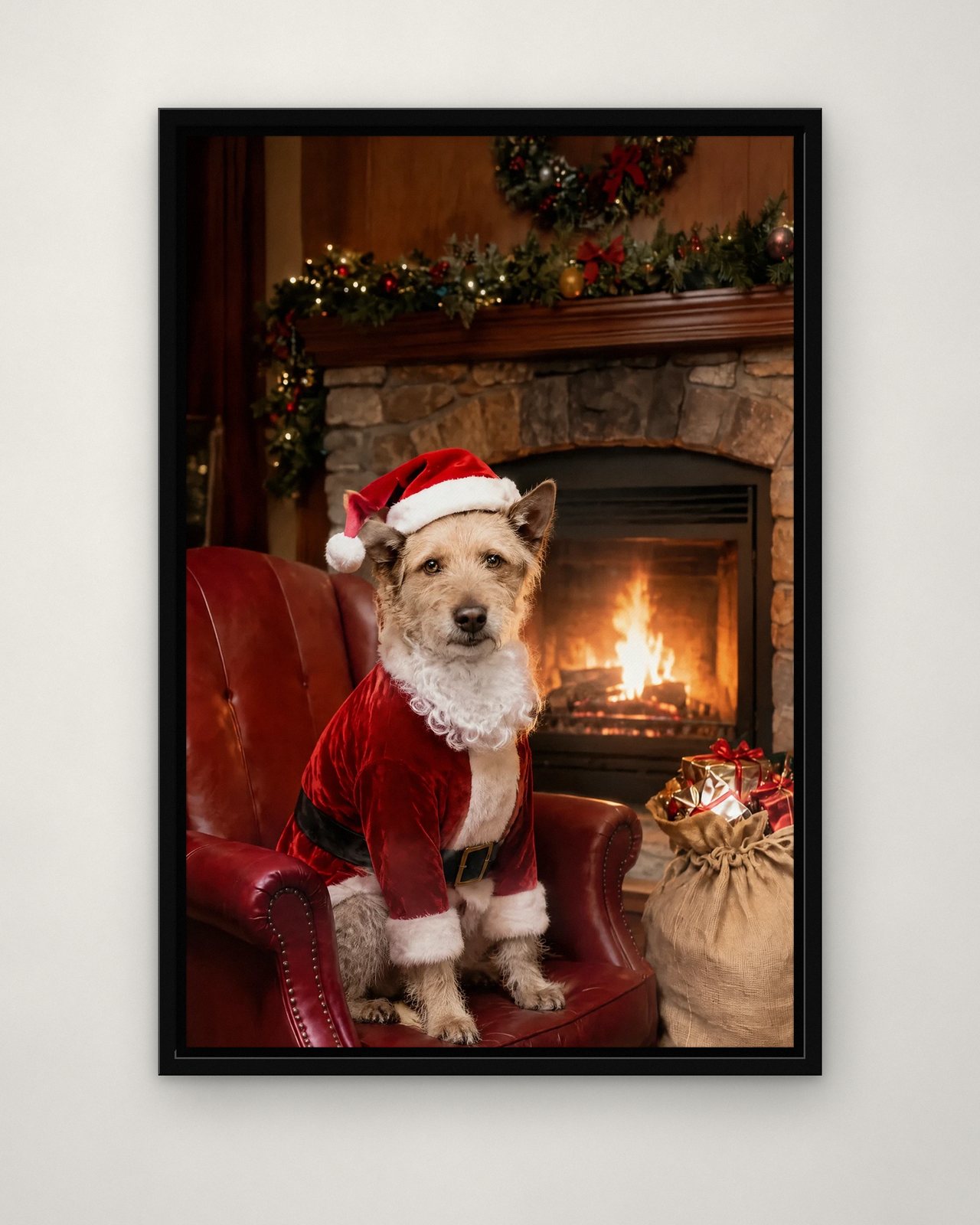 Santa's Stand-In portrait on canvas in a black floating frame on a plain wall