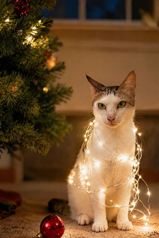 The Tangled in the Lights look made with a white cat with a tabby cap