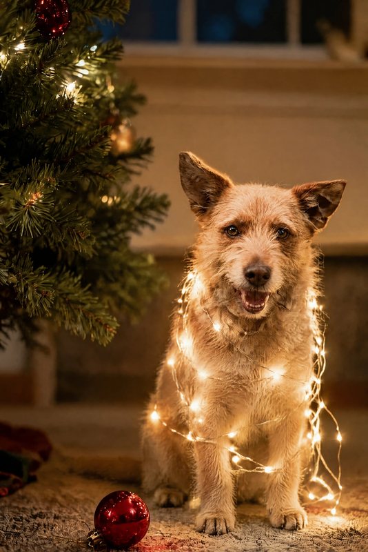 The Tangled in the Lights look made with a scruffy ginger terrier