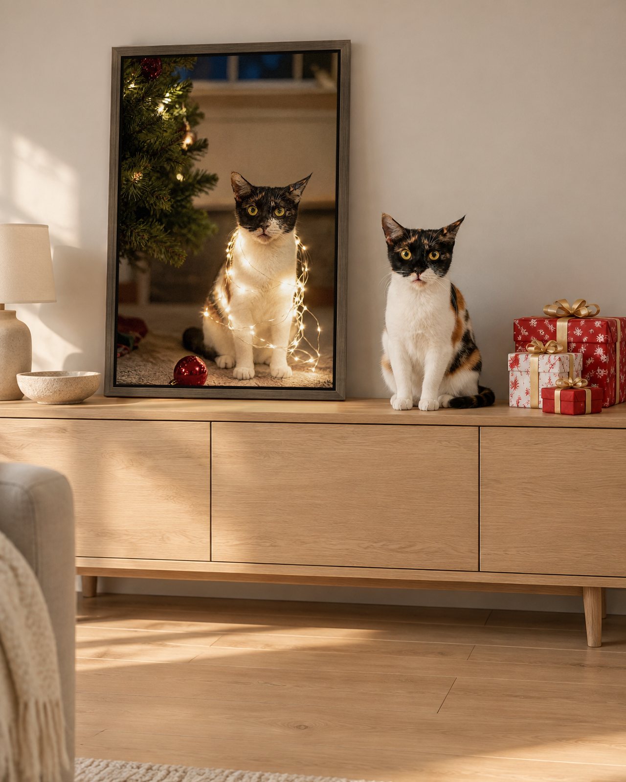 Tangled in the Lights portrait on canvas in a brown floating frame in a sitting room on Christmas morning, with the cat beside it