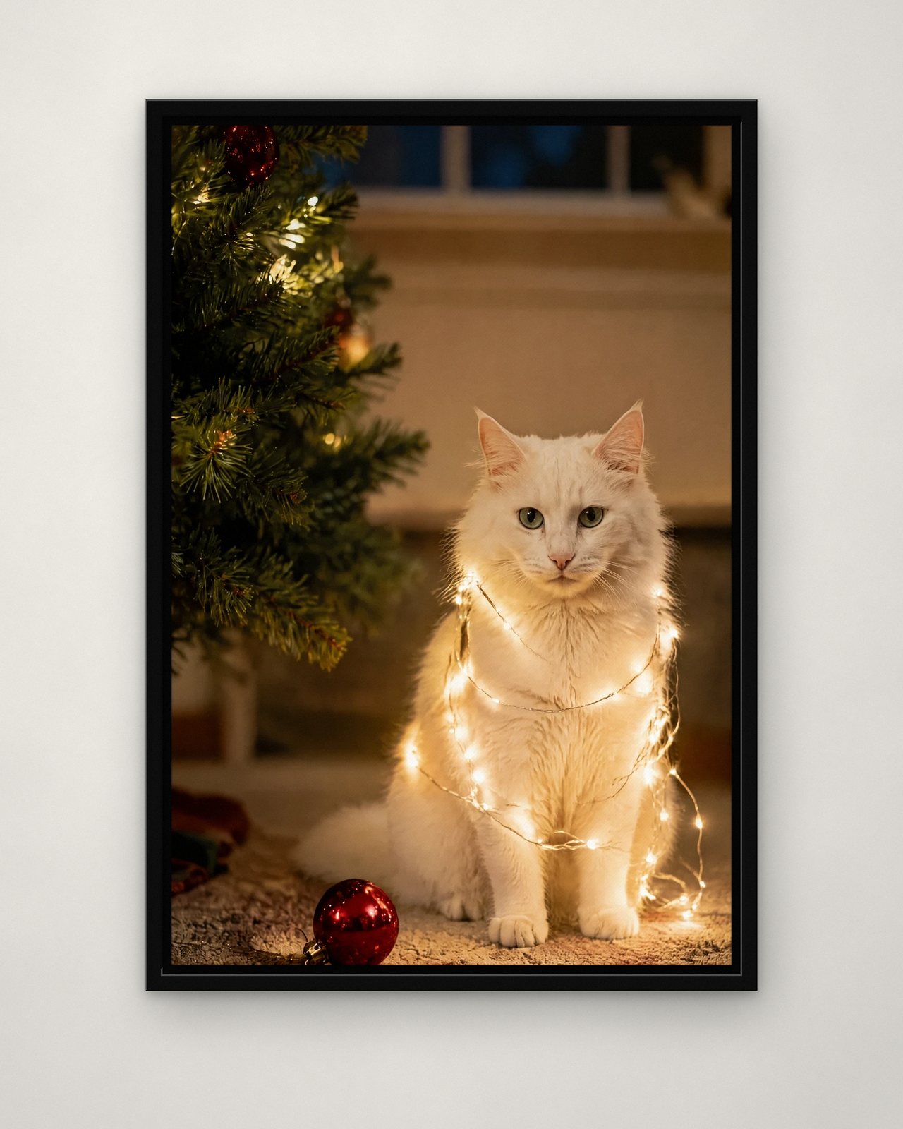 Tangled in the Lights portrait on canvas in a black floating frame on a plain wall