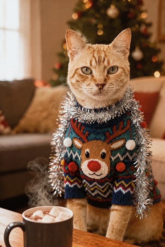 The Worst Sweater Wins look made with a ginger tabby cat