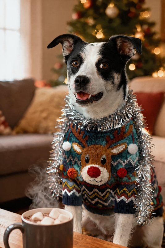The Worst Sweater Wins look made with a black-and-white dog