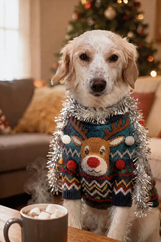 The Worst Sweater Wins look made with a white-and-orange spaniel mix