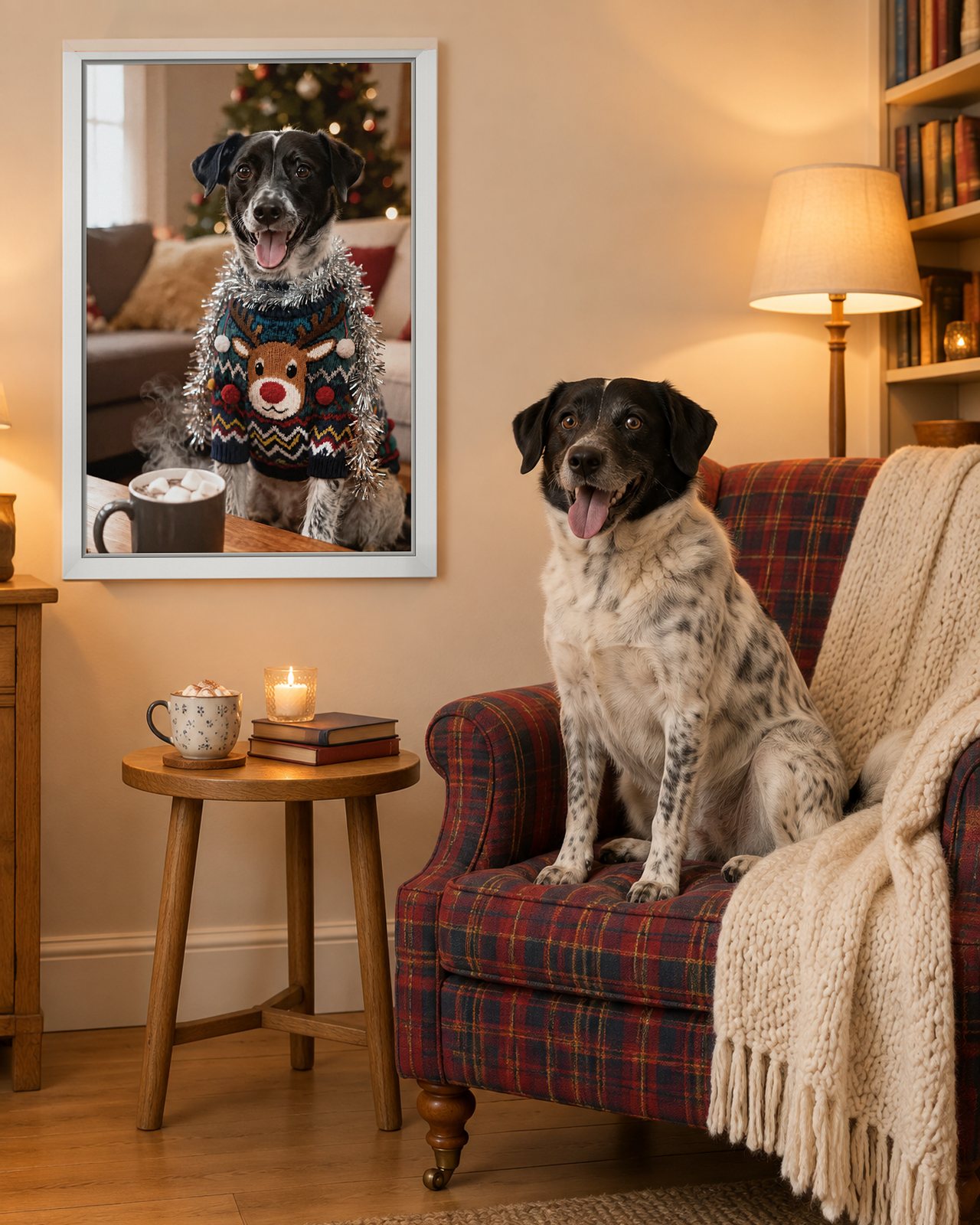 Worst Sweater Wins portrait on canvas in a white floating frame in a winter reading corner, with the dog beside it