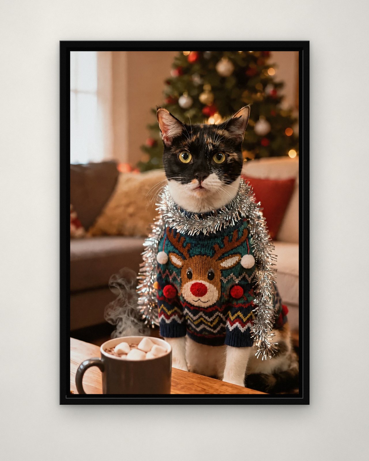 Worst Sweater Wins portrait on canvas in a black floating frame on a plain wall