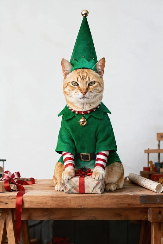 The Head Elf look made with a ginger tabby cat