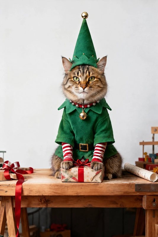 The Head Elf look made with a long-haired tabby cat