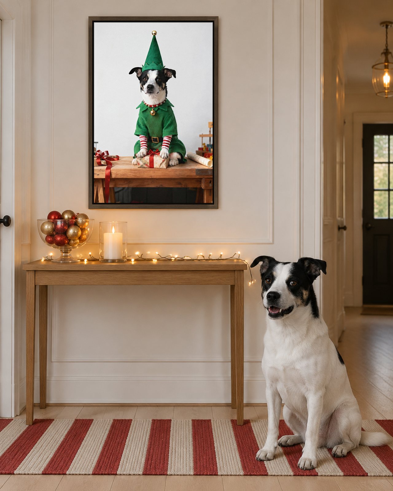 Head Elf portrait on canvas in a brown floating frame in a festive hallway, with the dog beside it