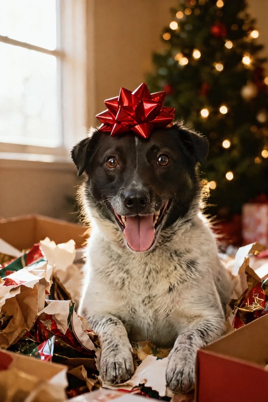 The Best Present look made with a black-and-white speckled dog
