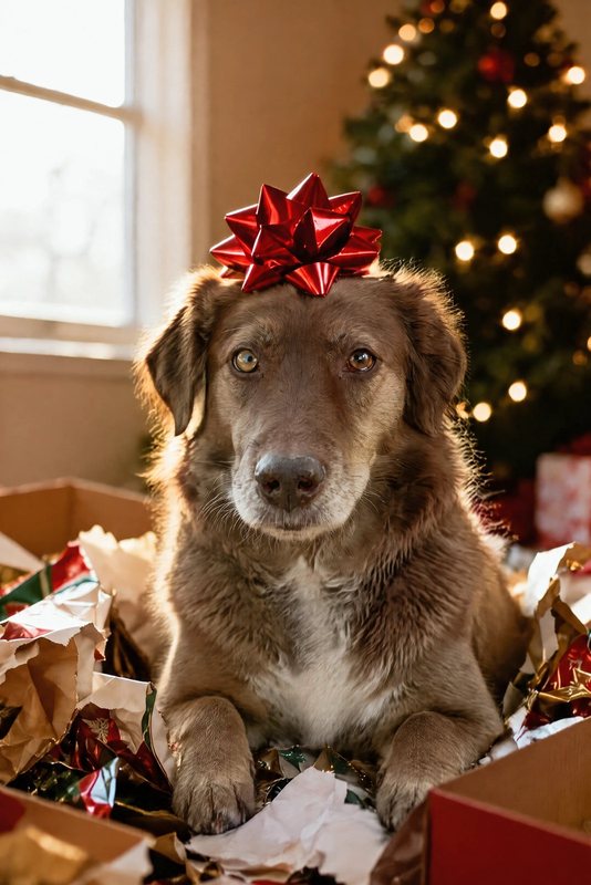 The Best Present look made with a chocolate shepherd-collie mix