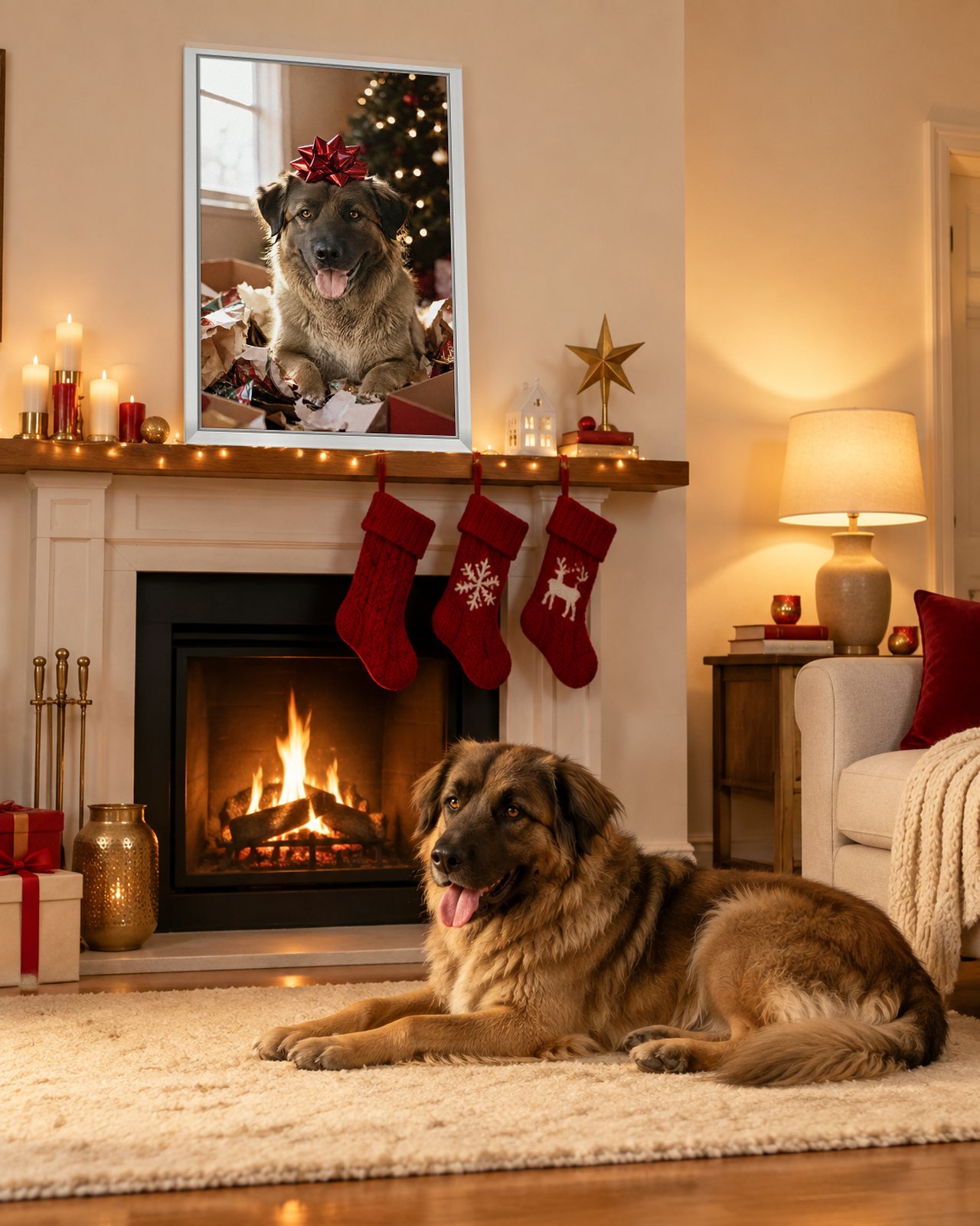 The Best Present portrait on canvas in a white floating frame in a living room at Christmas, with the dog beside it