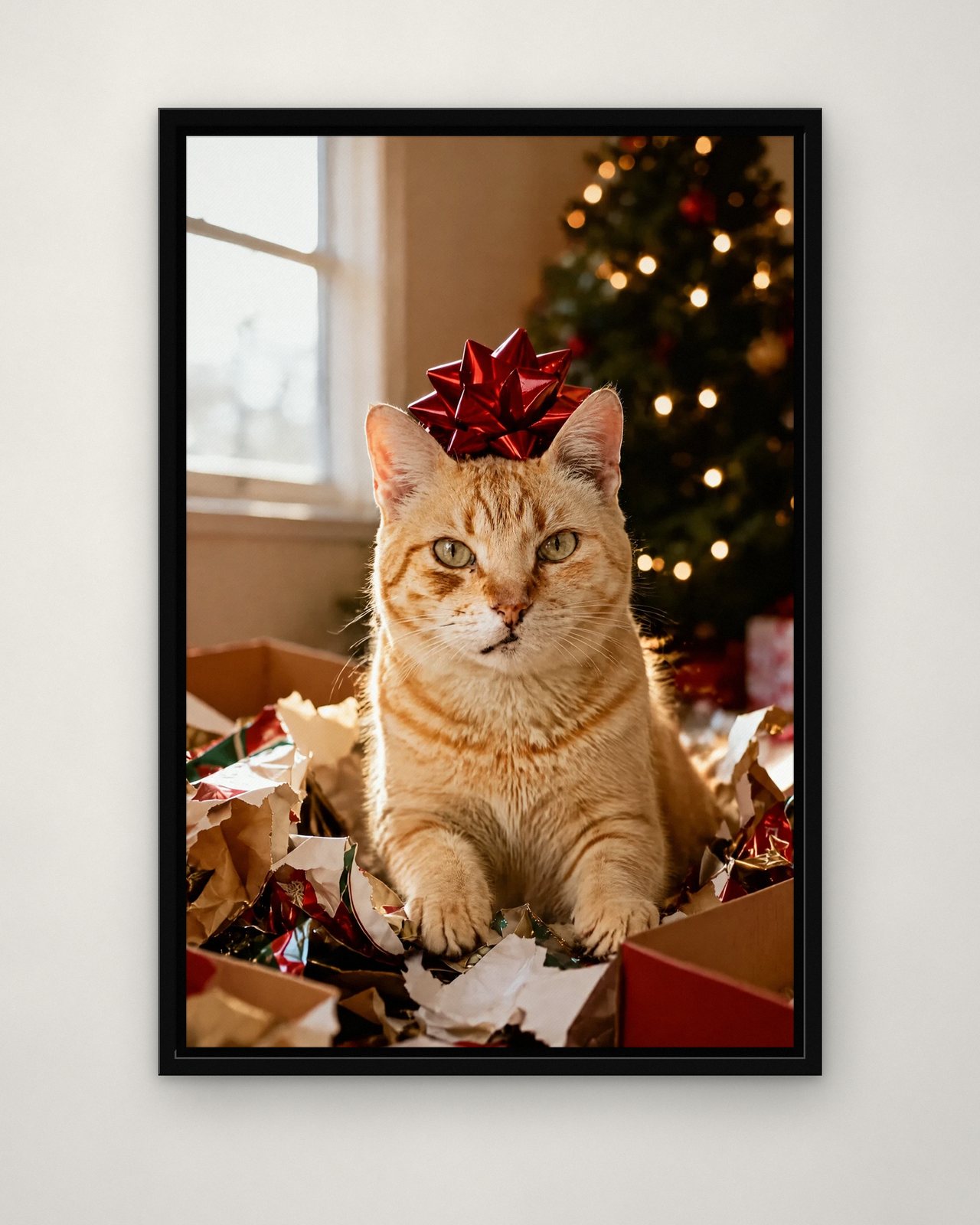 The Best Present portrait on canvas in a black floating frame on a plain wall