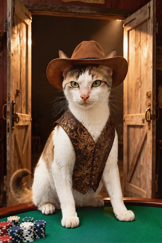 The Saloon Poker look made with a white cat with a tabby cap