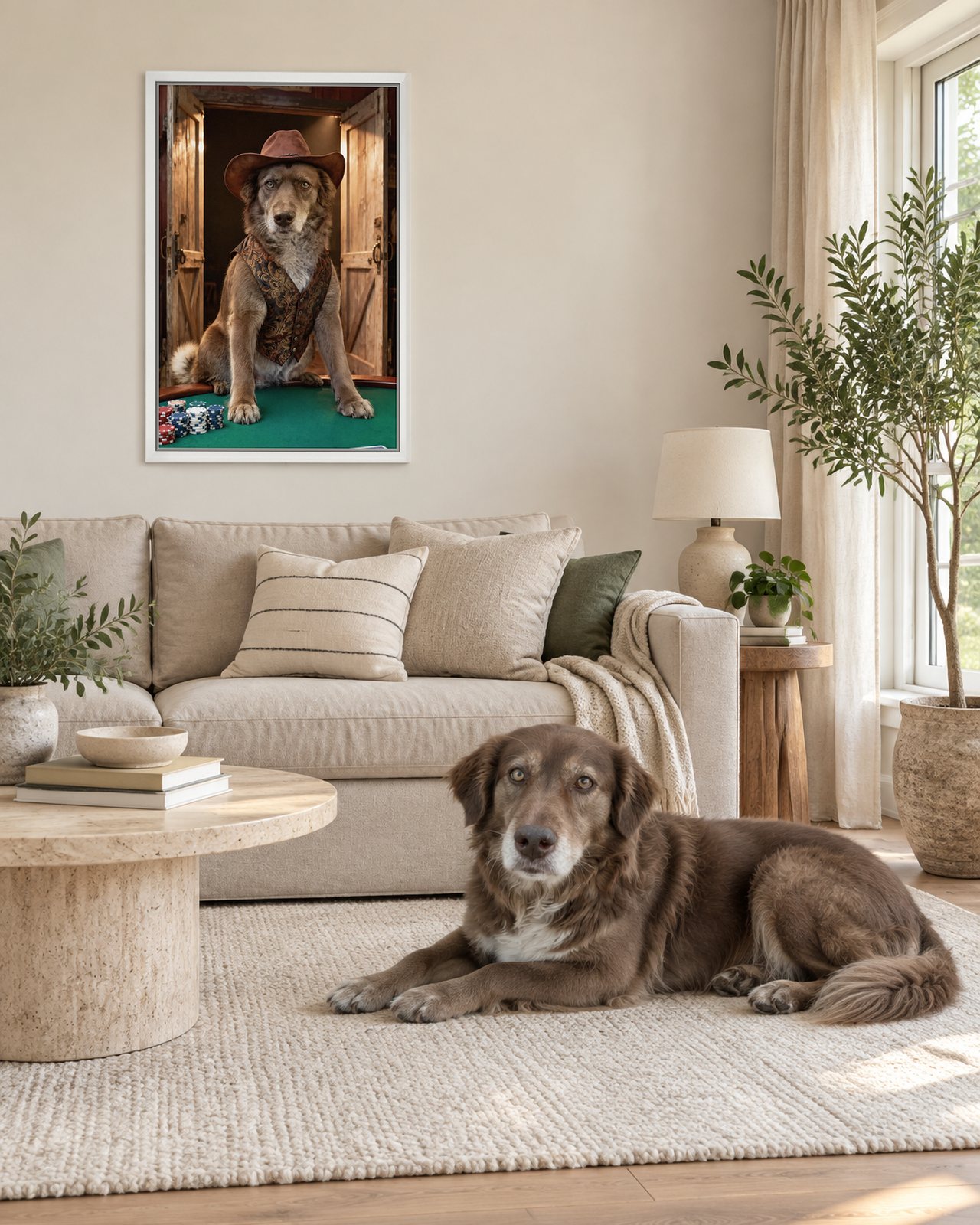 Saloon Poker portrait on canvas in a white floating frame in a linen-sofa living room, with the dog beside it