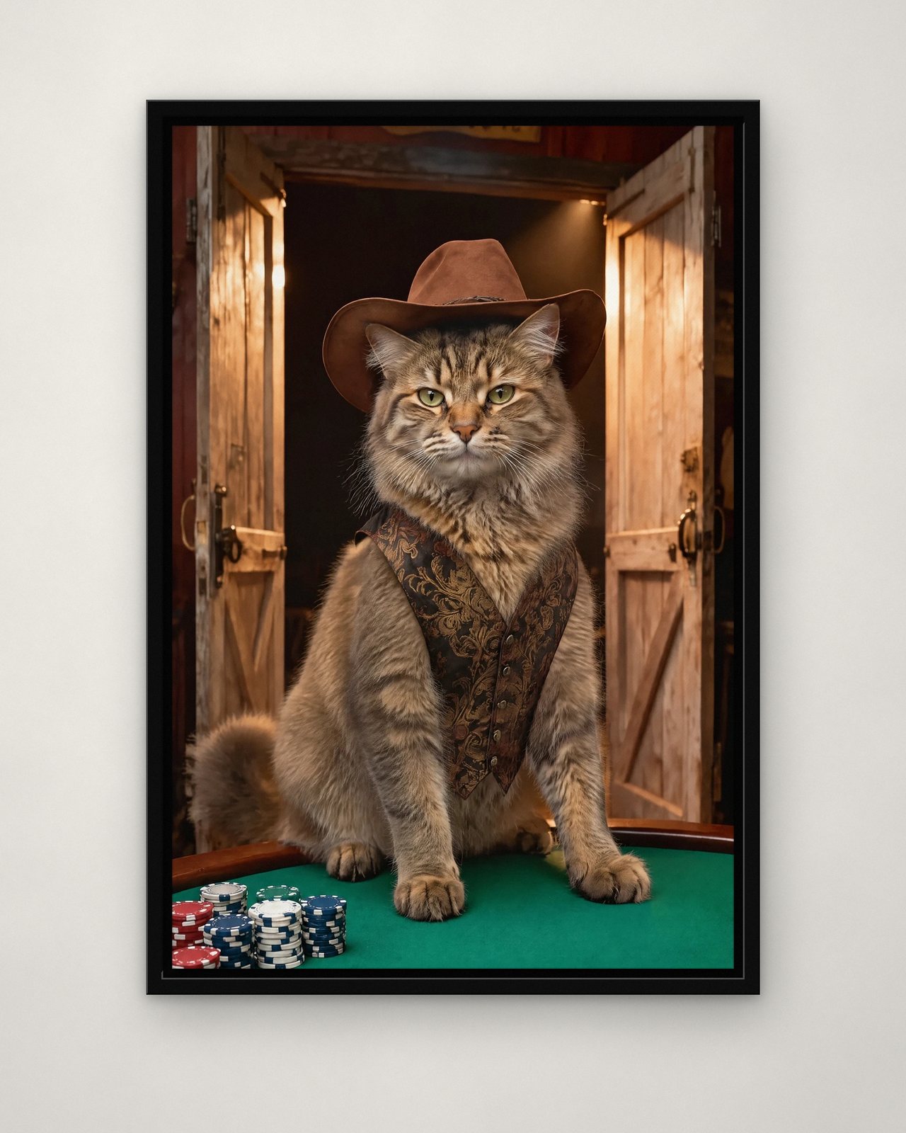 Saloon Poker portrait on canvas in a black floating frame on a plain wall