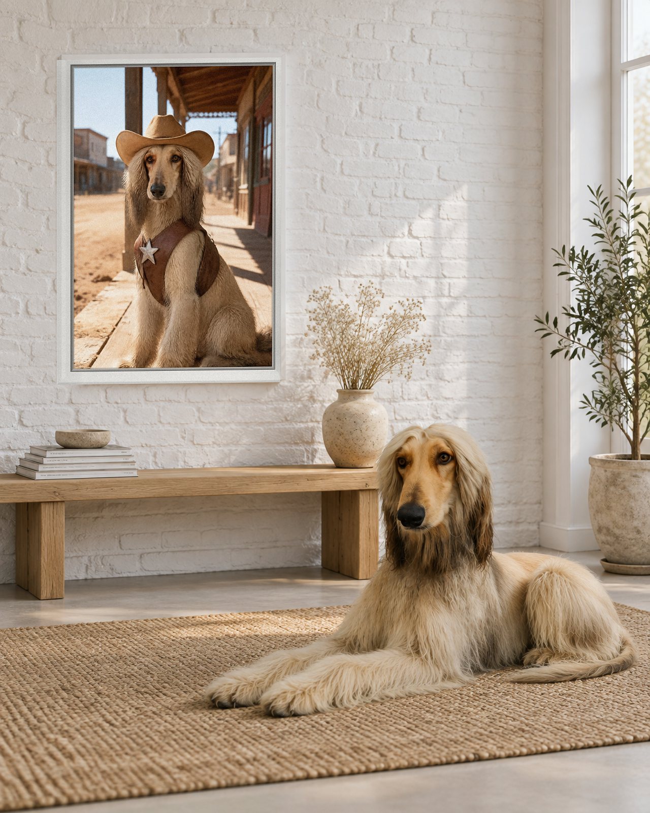 The Sheriff portrait on canvas in a white floating frame in a white-brick studio, with the dog beside it
