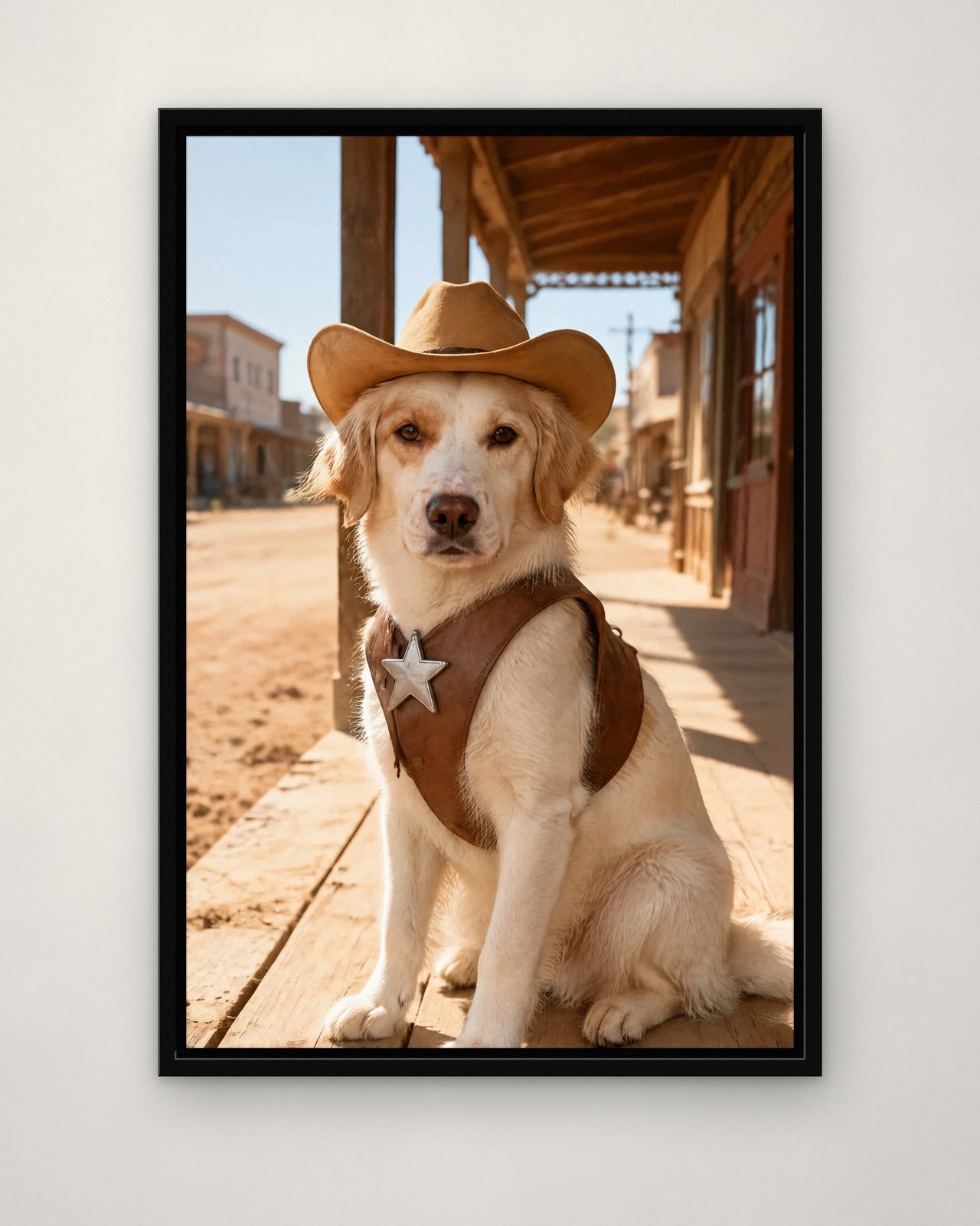 The Sheriff portrait on canvas in a black floating frame on a plain wall