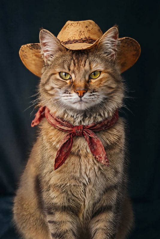 The Midnight Wrangler look made with a long-haired tabby cat