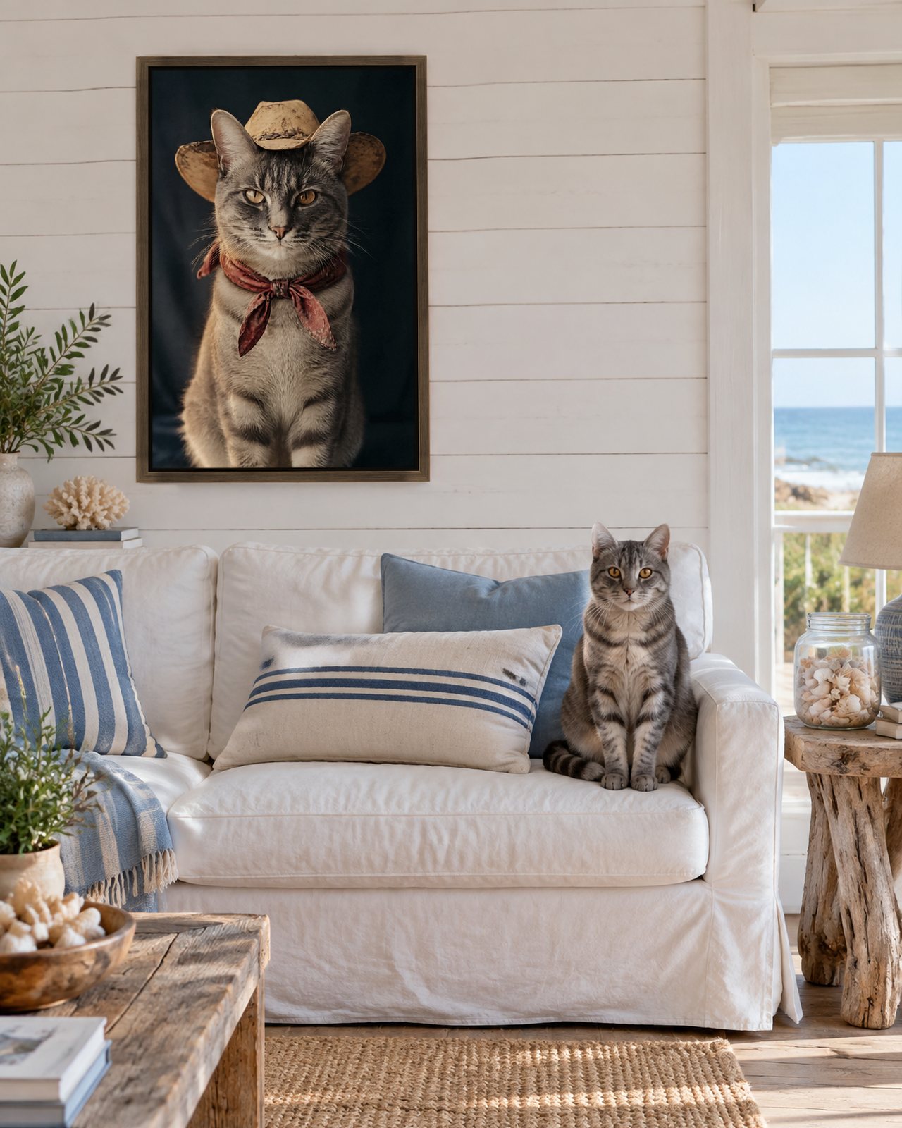 Midnight Wrangler portrait on canvas in a brown floating frame in a whitewashed beach-house living room, with the cat beside it
