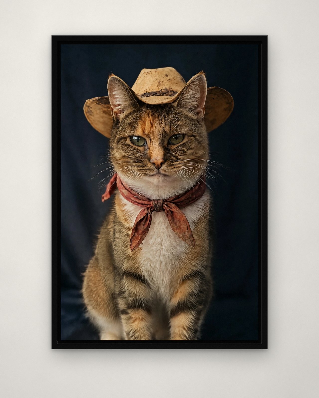 Midnight Wrangler portrait on canvas in a black floating frame on a plain wall