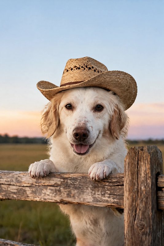 The Over the Ranch Fence look made with a white-and-orange spaniel mix