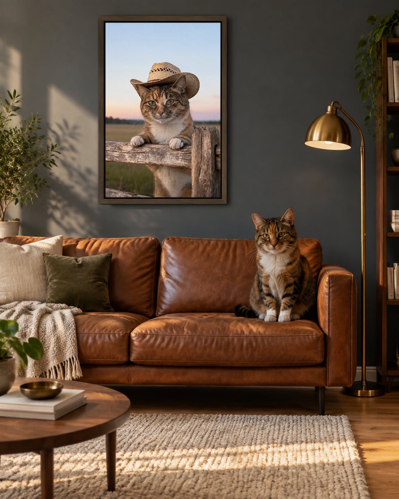 Over the Ranch Fence portrait on canvas in a brown floating frame in a slate-grey living room, with the cat beside it