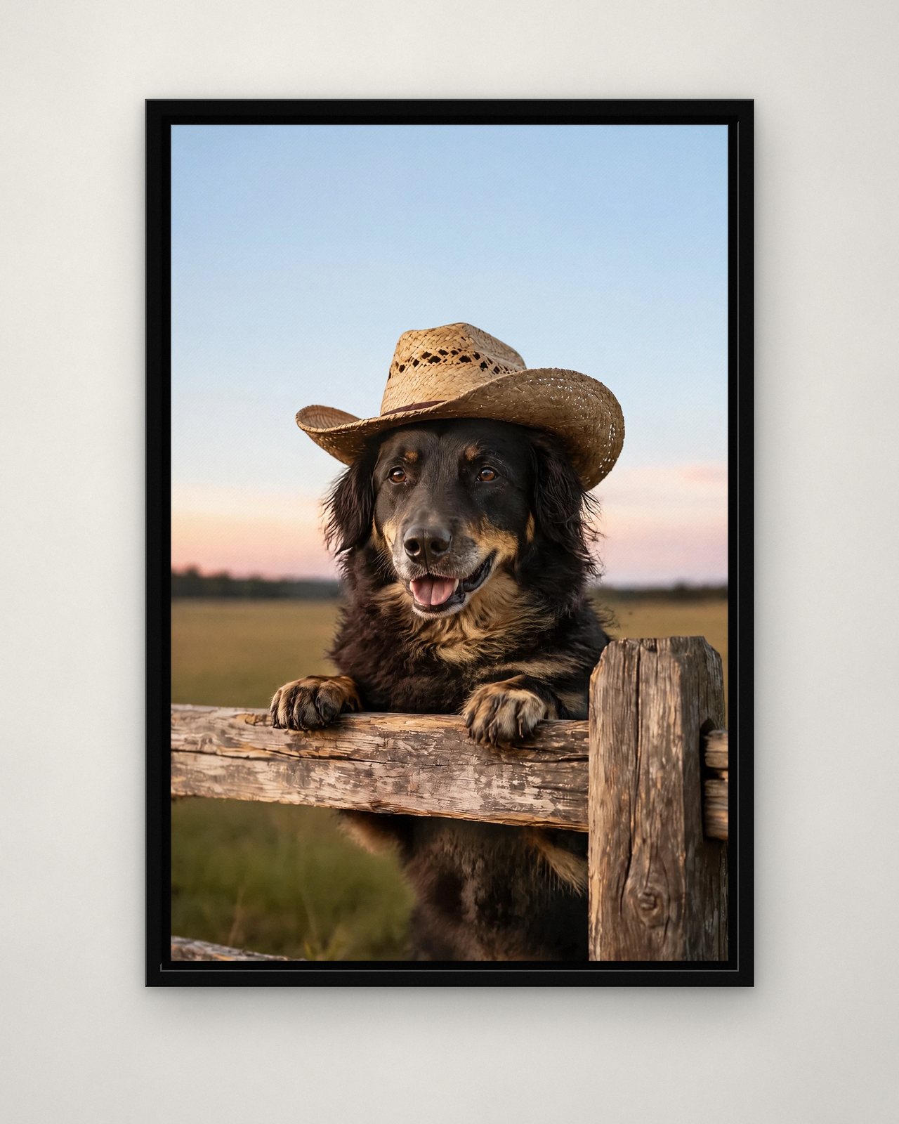 Over the Ranch Fence portrait on canvas in a black floating frame on a plain wall