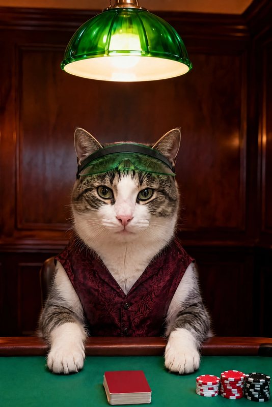 The Playing Poker look made with a tabby-and-white cat
