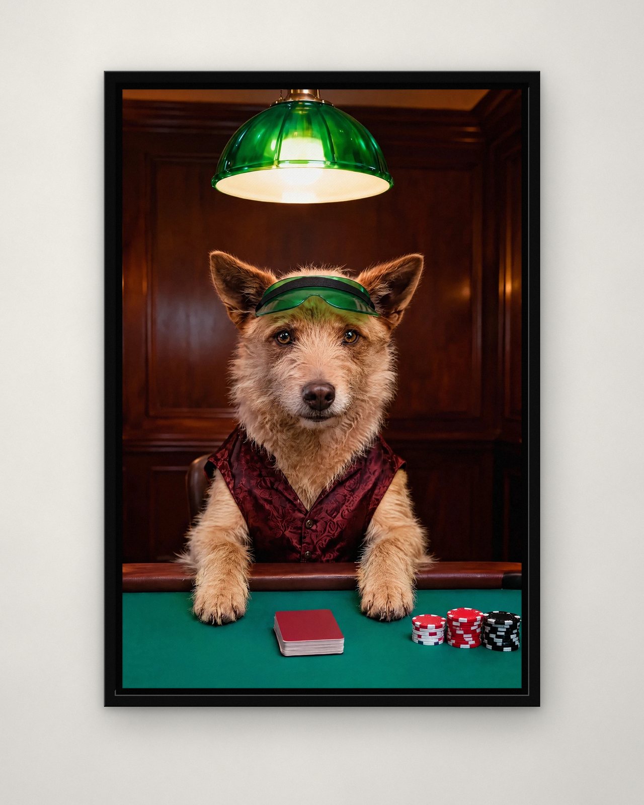 Playing Poker portrait on canvas in a black floating frame on a plain wall