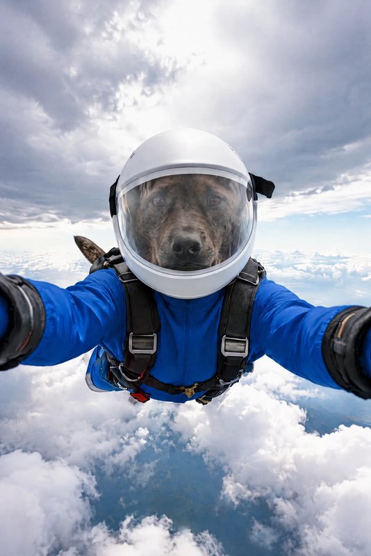 The Skydive Selfie look made with a brindle mixed-breed dog