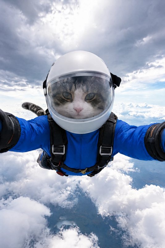 The Skydive Selfie look made with a tabby-and-white cat