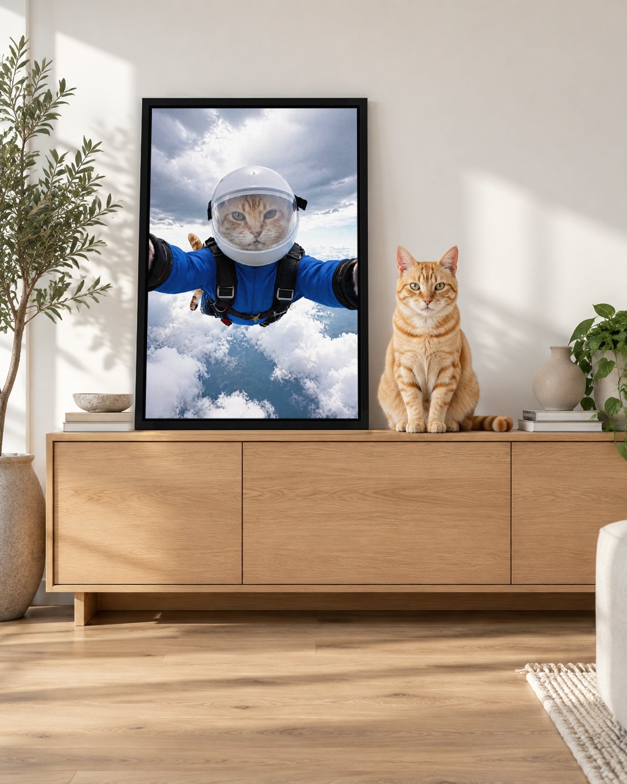 Skydive Selfie portrait on canvas in a black floating frame in a bright modern living room, with the cat beside it