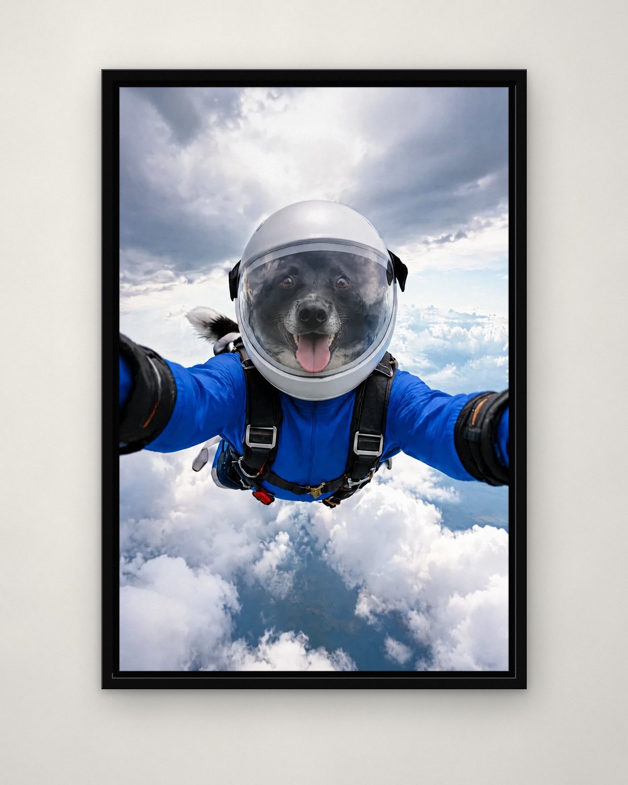Skydive Selfie portrait on canvas in a black floating frame on a plain wall